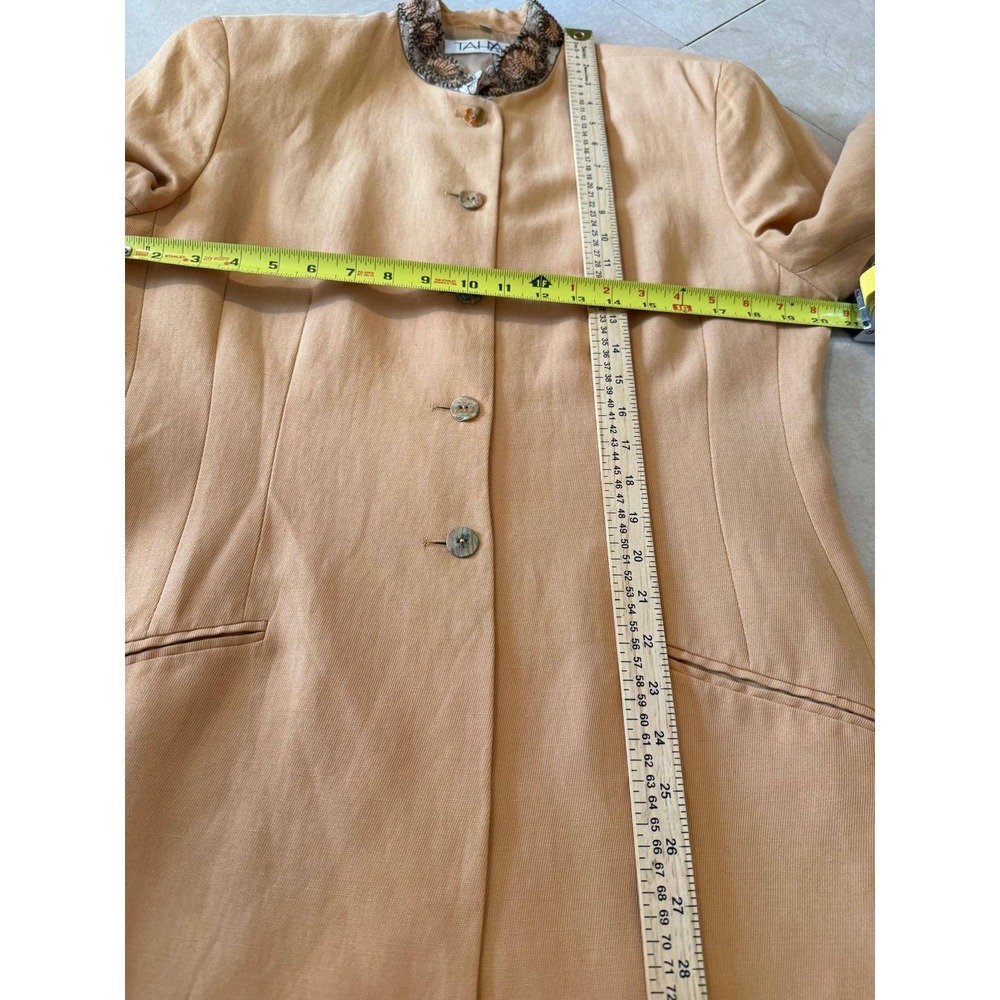 Vintage Tahari Beaded Collar Linen Blend Blazer Jacket Tan Beige Size 14 90s - Picture 5 of 8